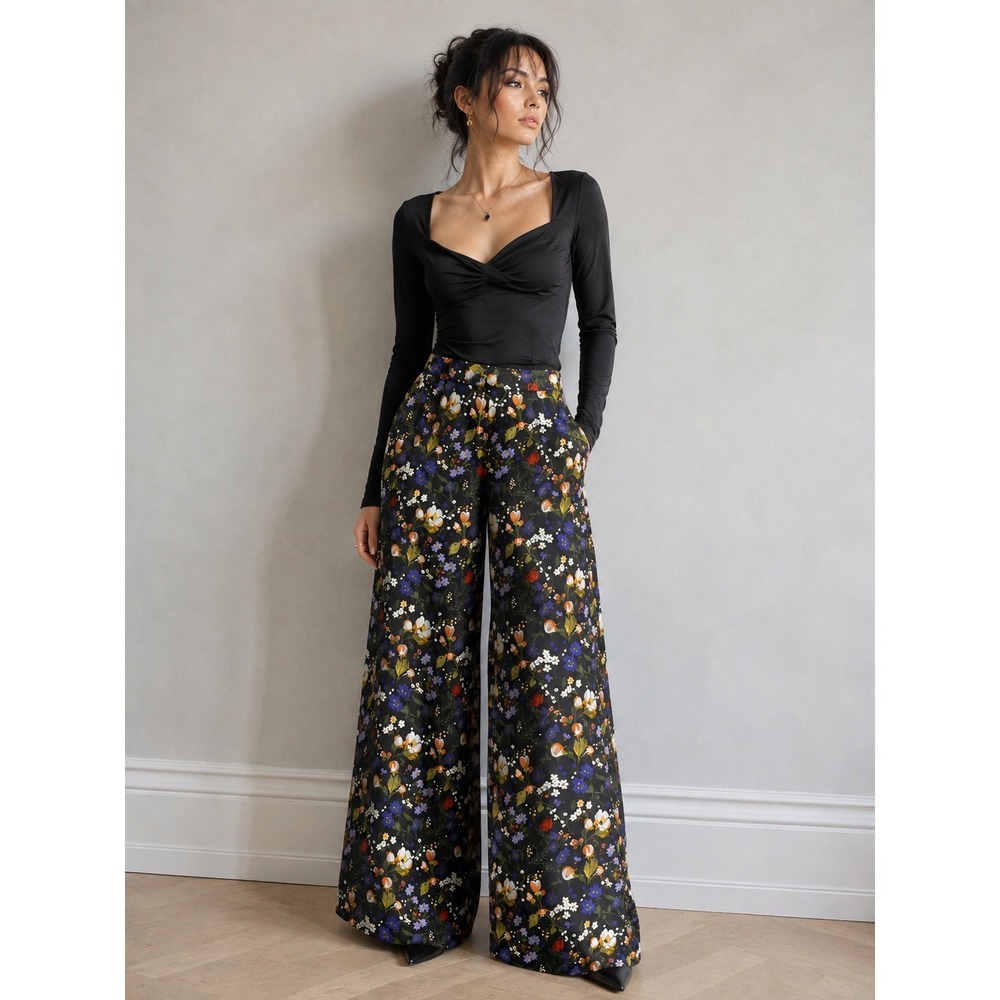 The Vampire's Wife 100% Silk Dark Floral High Rise Wide Leg Pants Size 6 Black